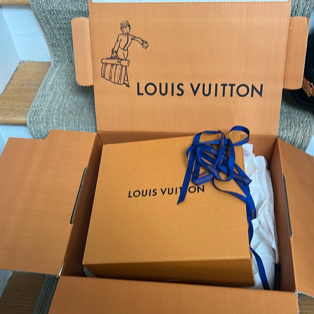 Louis Vuitton box, ribbon, and shipping box